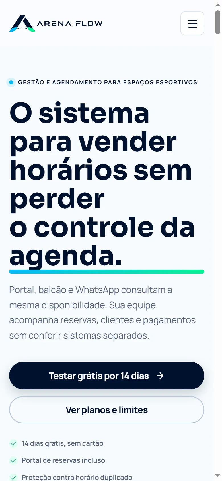 Versão mobile do site ArenaFlow